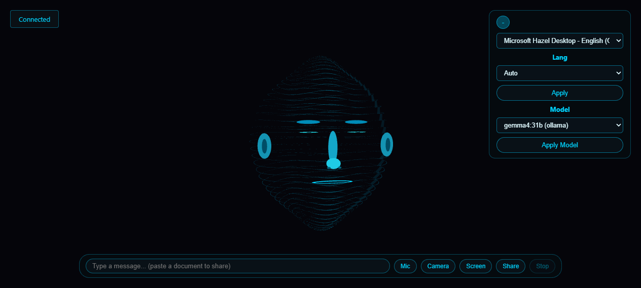 The Face Chat interface - 3D head, settings panel and control bar