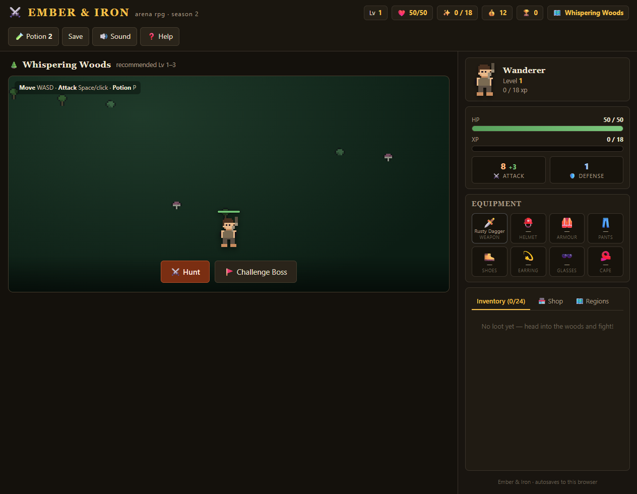 Ember & Iron’s arena screen — waves, loot, and a boss waiting