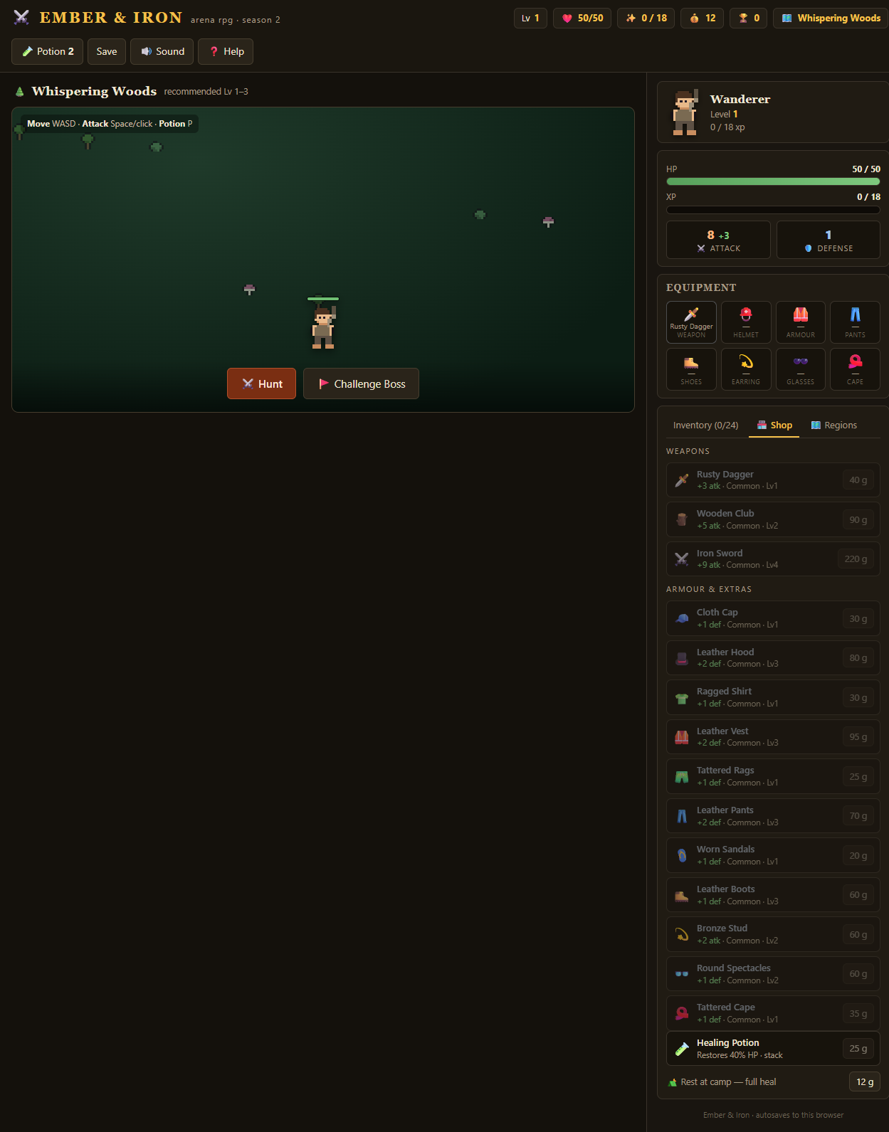 The shop — a full catalog of gear with stats, level gates, and prices
